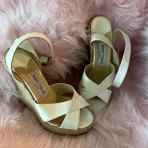 Jimmy Choo off-white ankle strap 4 inch platform sandal.